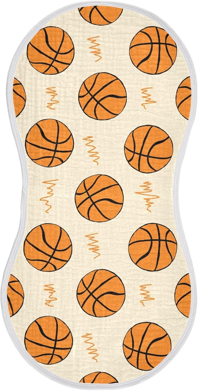 Muslin Burp Cloths for Baby Boys and Girls - 1-Pack Ultra Absorbent Basketball Muslin Washcloths, Newborn Towel, Milk Spit Up Rags, Burp Cloth Bib for Unisex, 22 x 11 Inch