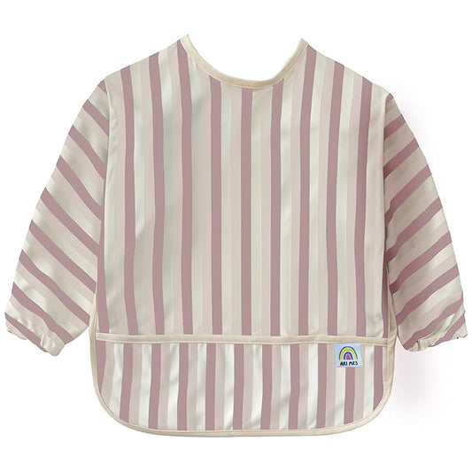 ARI MES Waterproof Long Sleeve Baby Bib for Eating-Pink Stripes Pattern, Medium-Toddler Smock with Catch-All Pocket, BPA Free, Machine Washable, Wearable Feeding Bib for Boys & Girls 6-72 Months
