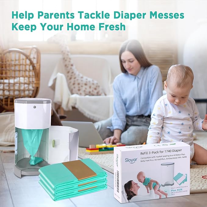 Sloyar Refills Compatible with DEKOR Plus Diaper Pails/3 Pack/30% Thicker Design/Suitable for Seniors and Infants/Baby Powder Fragrance/Holds up to 1740 Diapers