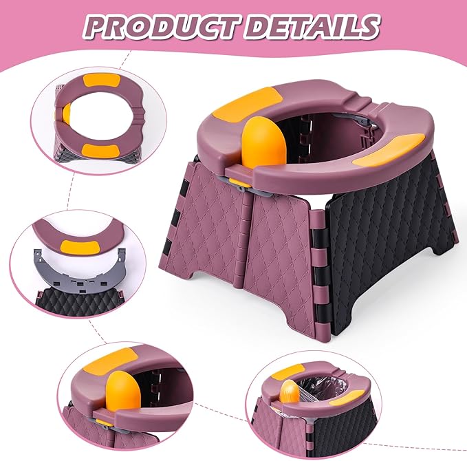 Travel Potty for Toddlers, Portable Potty Chair with Bag & 30 Pouches - Kids Toilet for Car, Camping, Indoor Outdoor - Splash-Proof Design, Easy Clean Training Seat (Purple)