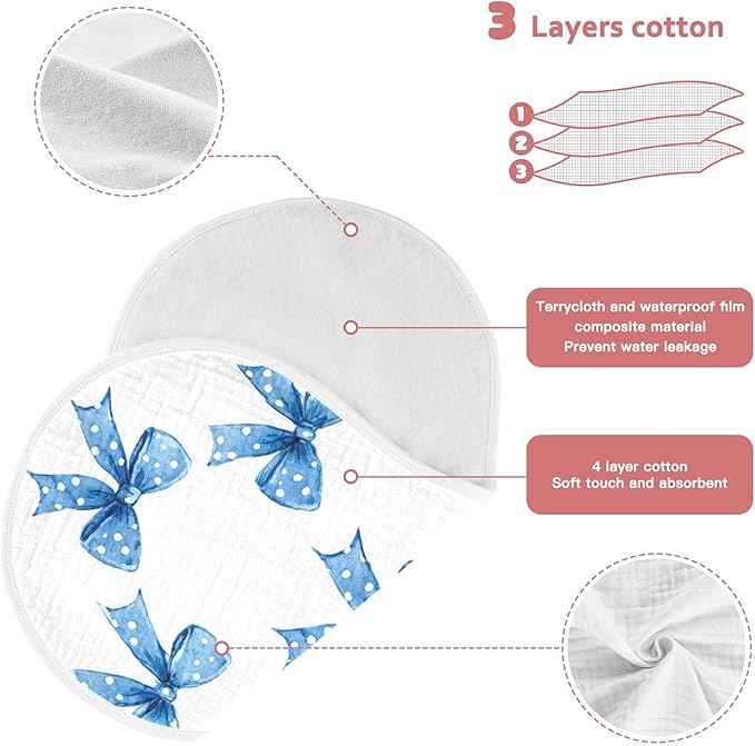 Blue Ribbons Bow Cute Burp Cloths Baby Boys Girls Absorbent Soft Cotton Burping Cloths Rags, 4 Pack