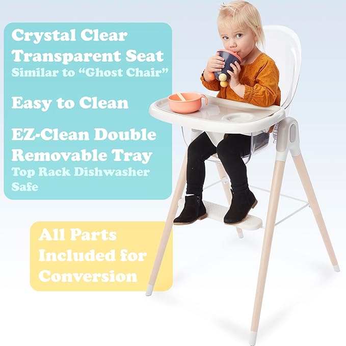 Primo Vista 3-in-1 Convertible High, Toddler, & Rocking Chair, Clear, Transparent Seat, Grows with Child, Modern Style, Adjustable Wooden Legs, Easy to Use, Assemble, Safe & Sturdy, 21.5 x 25 x 40.5"