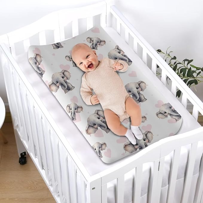 ZDCUSTOM Cartoon Elephant Baby Changing Pad Cover Change Table Pad Covers for Baby Girls and Boys, Diaper Changing Table Mat Fits Standard Contoured Changing Pads