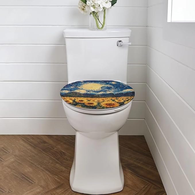 Starry Night Sunflower Toilet Cover Elastic Edges Seat Covers Soft and Breathable Toilet Lid Covers for Bathroom Fits Most Toilet Lids Covers，Oil Painting Bathroom Decoration