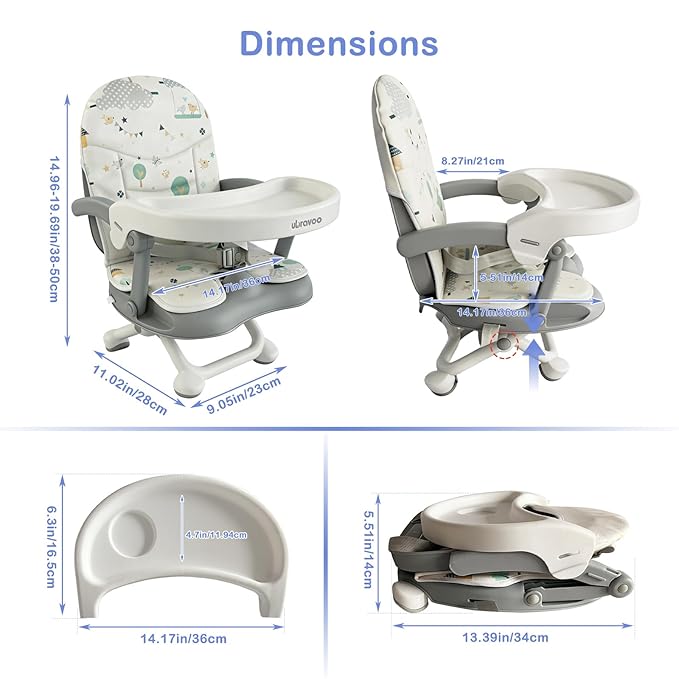 UBRAVOO Baby Booster Seat for Dining Table with Removable Tray & Cushion, 3in1 Portable Toddler Booster Seat, 4 Height Adjustable Travel High Chair for Babies and Toddlers