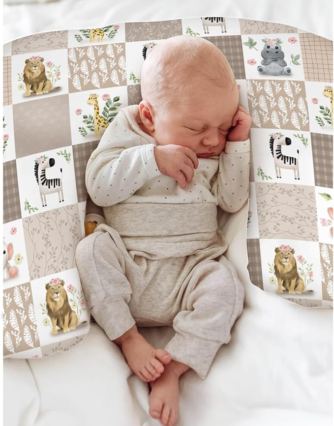Boho Safari Animals Baby Nursing Pillow Covers for Boy Girl Lion Elephant Zebra Hippo Floral Leaves Nursing Pillowcase for Breastfeeding Pillows African Jungle Zoo Soft Stretchy Slipcovers for Infant