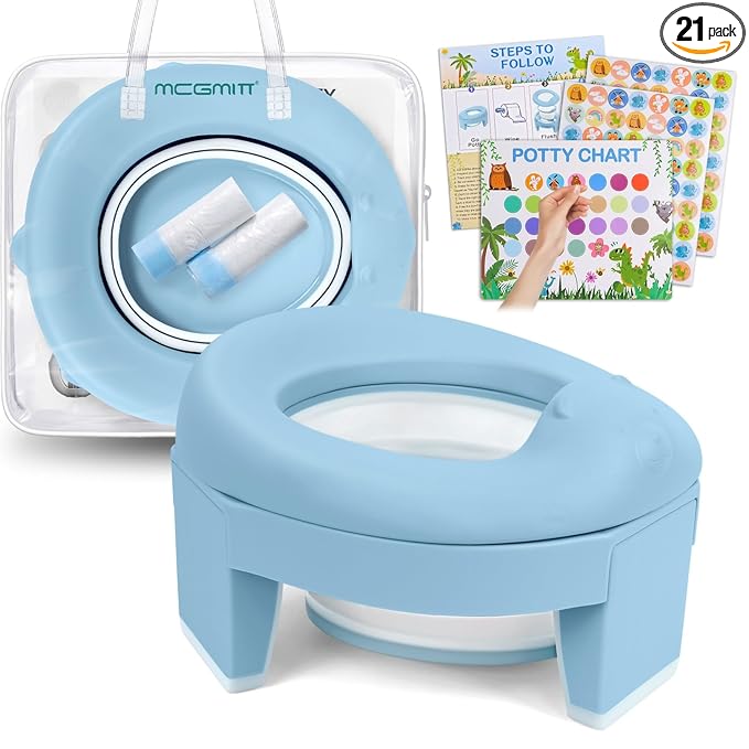 MCGMITT Potty Training Toilet Seat for Toddlers Boys Girls, Portable Baby Toilet Folding Kids Potty Chair Cover with Splash Guard for Travel, Including 3 Non-Slip Feet and Storage Bag (Blue)