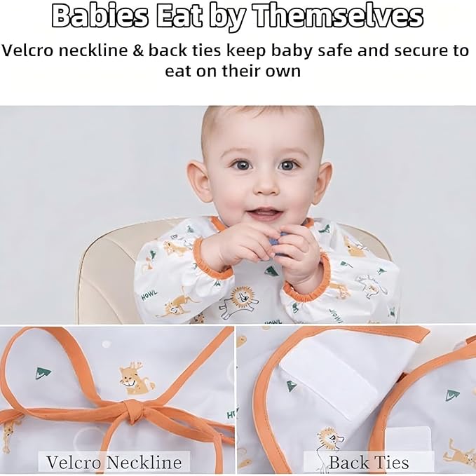 MOTEERLLU Coverall Baby Feeding Bib for Eating,Long Sleeves Bib Attaches to Highchair and Table,Weaning Bibs