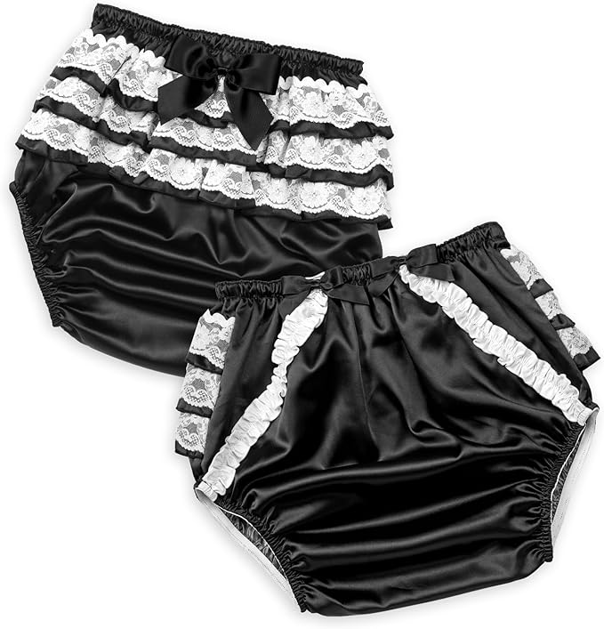 Littleforbig Washable Reusable Waterproof Ruffled Lace Bow Pretty in Black Satin Over Adult Diaper Cover XXL