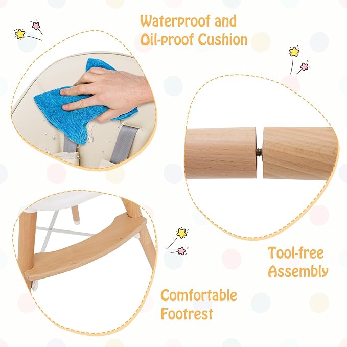 BABY JOY Baby High Chair, Wooden High Chair for Babies & Toddlers with Dishwasher Safe Double Removable Tray, Infant Feeding Chair with 5-Point Safety Harness & Detachable PU Seat Cushion (Beige)