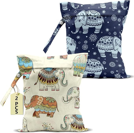 Elephant Gifts for Women, 2Pcs Elephant Print Wet Bags, Wet Dry Bag Reusable Zipper Pouch for Swimsuit, Diapers, Pool, Beach, Dirty Yoga Gym Clothes, Toiletries, Waterproof Birthday Gifts