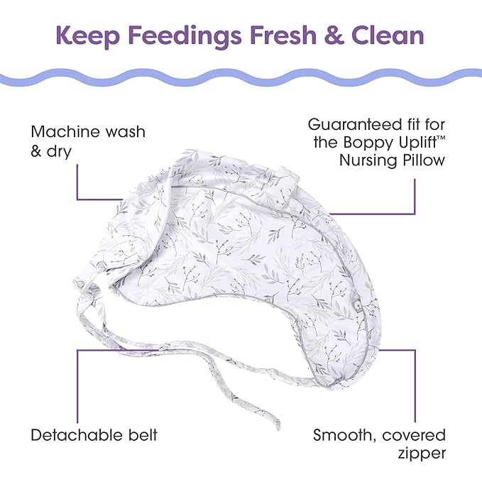 Boppy Uplift Nursing Pillow Cover - Soft Washable Microfiber Bottle & Breastfeeding Pillow Cover with Belt (Uplift Feeding Pillow Sold Separately) - Gray Gentle Leaves
