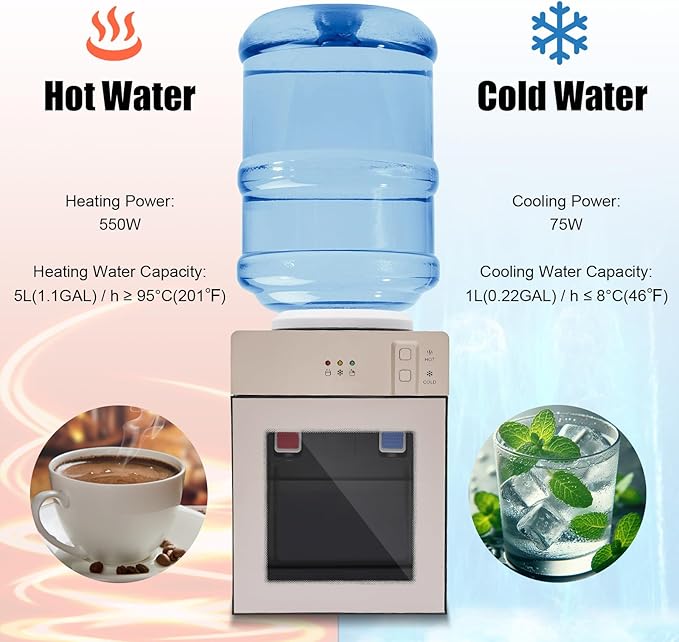 Top Loading Desktop Water Cooler Dispenser, 550W 110V Countertop Hot & Cold Water Coolers Drinking Fountain Portable Water Warmer for Home Bedroom Studio Office Grocery Store