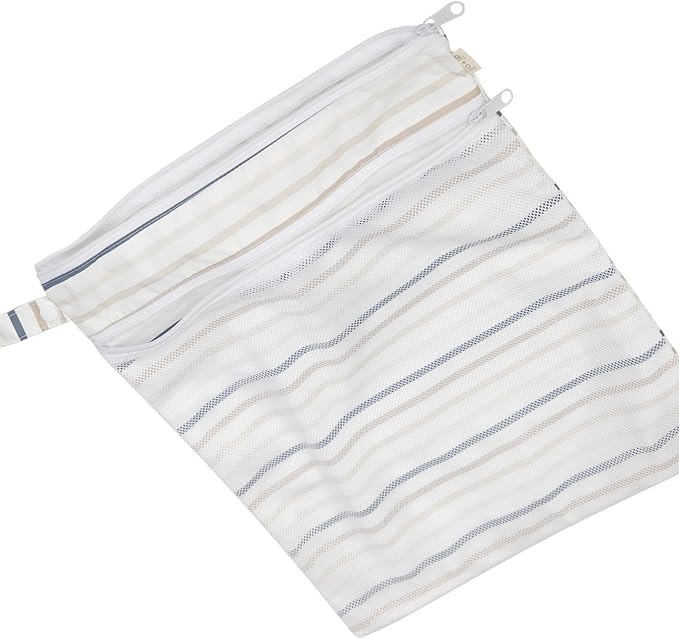 Ali+Oli Water Resistant Dual-Compartment Wet-Dry Bag for Travel, Hook to Stroller, Daycare, Diapers, Diaper Bag, Clutch Bag,15x12 inches (Pin Stripes)