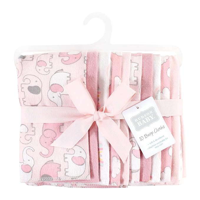 Hudson Baby Unisex Baby Cotton Flannel Burp Cloths 10-Pack, Girl New Elephant, One Size