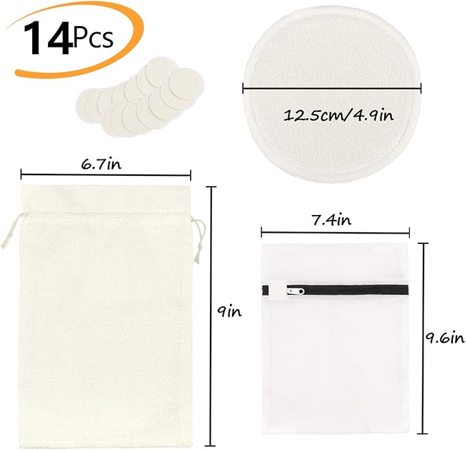 PHOGARY 14PCS Washable Nursing Pads, Reusable Organic Bamboo Breast Pads with Laundry Bag and Storage Bag - Soft, Absorbent, Hypoallergenic, Eco Pads for Breastfeeding