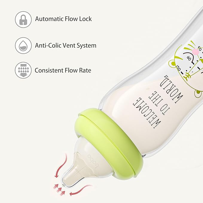 YOHKOH Natural Glass Baby Bottle with Level 2 Medium Flow Nipple, Newborn Anti-Colic Baby Bottles, Wide Neck Mushroom Baby Glass Bottle (8.8ounce (Pack of 2), Green1)
