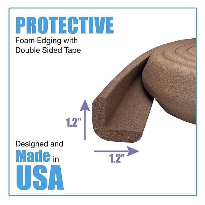 Kidkusion Baby Proof Edge Guards for Safety | Made in The USA | 36 Feet | Brown | Edge Protectors for Furniture, Tables, Fireplaces | Heavy Duty Tape Included