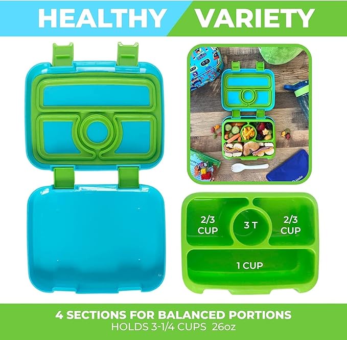 Bento Lunch Box for Kids with Thermo for Hot Food Soup, Insulated Lunch Bag and Ice Cold Pack Set, Stainless Steel Lunch Thermal, Container Boxes with 4 Compartments, Green Robot