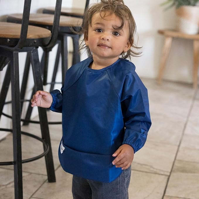 Tiny Twinkle Long Sleeve Bib for Babies & Toddlers | 2-Pack Waterproof Smock Bib for Eating | Machine Washable & Mess-Proof Feeding Essentials | Newborn Shower Gift (Grey Indigo,6–24M)