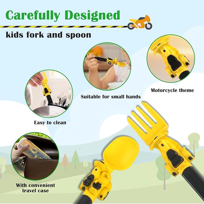 Construction Utensils for Toddlers - Motorcycle Toddler Forks - for Utensils Gift - Forks and Spoons Silverware Set - Ideal for School Lunch, Travel, Outdoors - Yellow