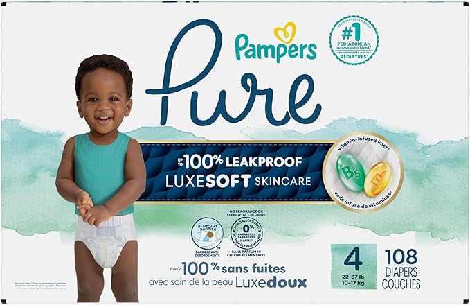 Pampers Pure Baby Diapers, Size 4 (22-37 lbs), 108, Up to 100% Leakproof, Premium Hypoallergenic Soft Diapers