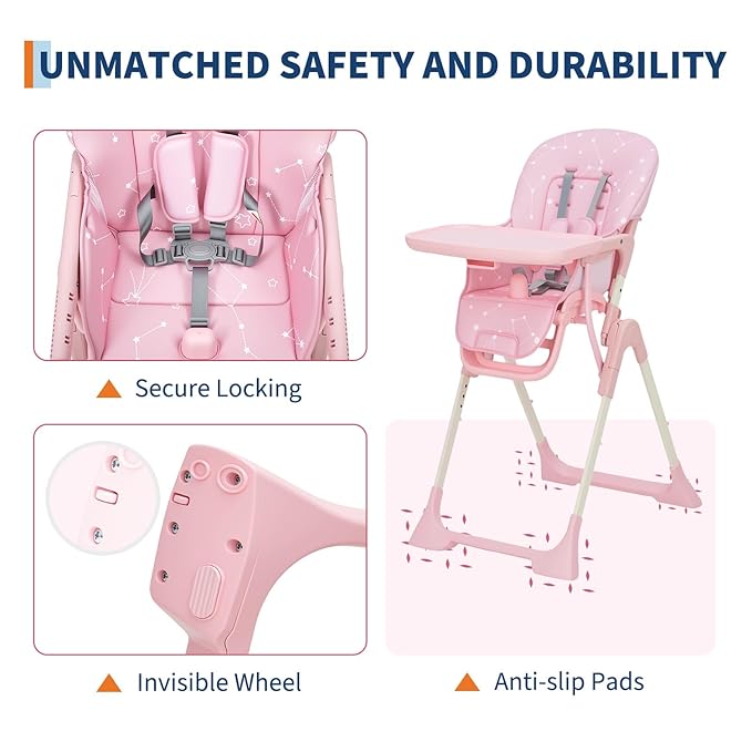 Baby High Chair, Foldable Feeding Chairs for Babies and Toddlers, Adjustable Height/Backrest/Footrest, Removable Tray, Fast Folding Pink