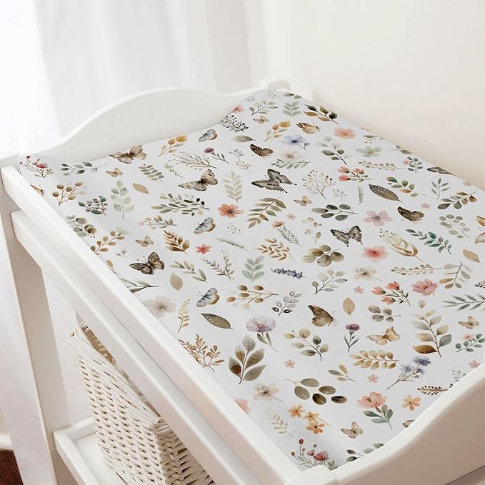 Retro Boho Floral Leaves Butterflies Changing Pad Cover Botanic Garden Spring Diaper Changing Table Sheets for Girl Boy Wild Plants Soft Breathable Stretchy Baby Changing Table Mats Sheets 32''x16''