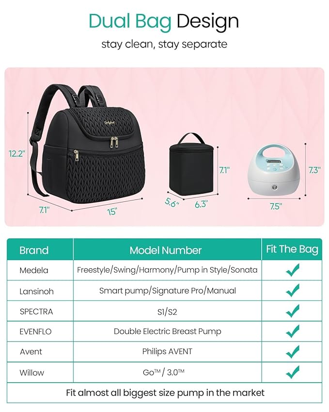 Qualyphant Breast Pump Bag for Spectra S1/S2 & Medela – Insulated Cooler Bag, 13" Laptop Sleeve, Diaper Bags Backpack – Lightweight, Water-resistant & Stylish for Work, Travel, Black