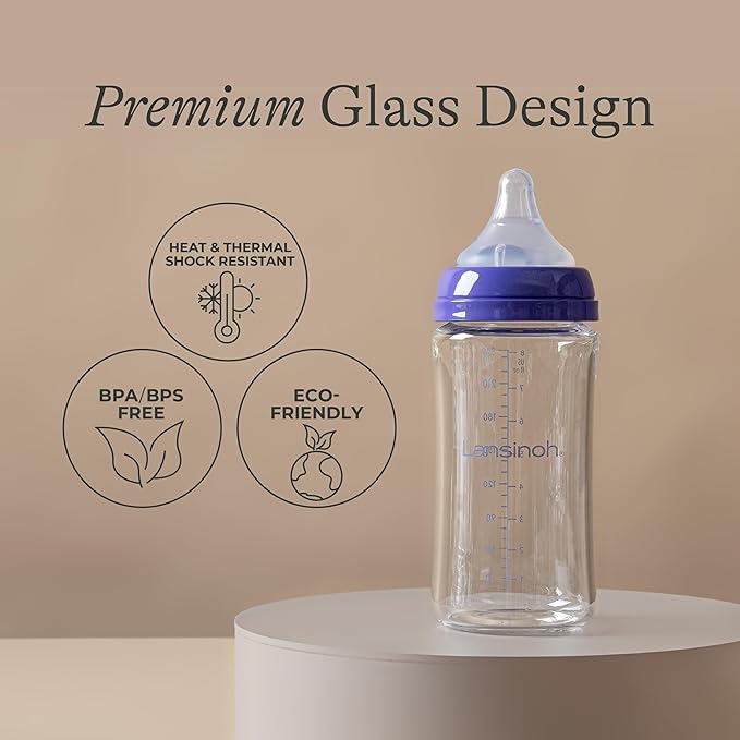 Lansinoh Glass Baby Bottles, Anti-Colic, 5 Ounces, 4 Count Bottles for Feeding, Baby Essentials, Includes 4 Slow Flow Nipples, Size S