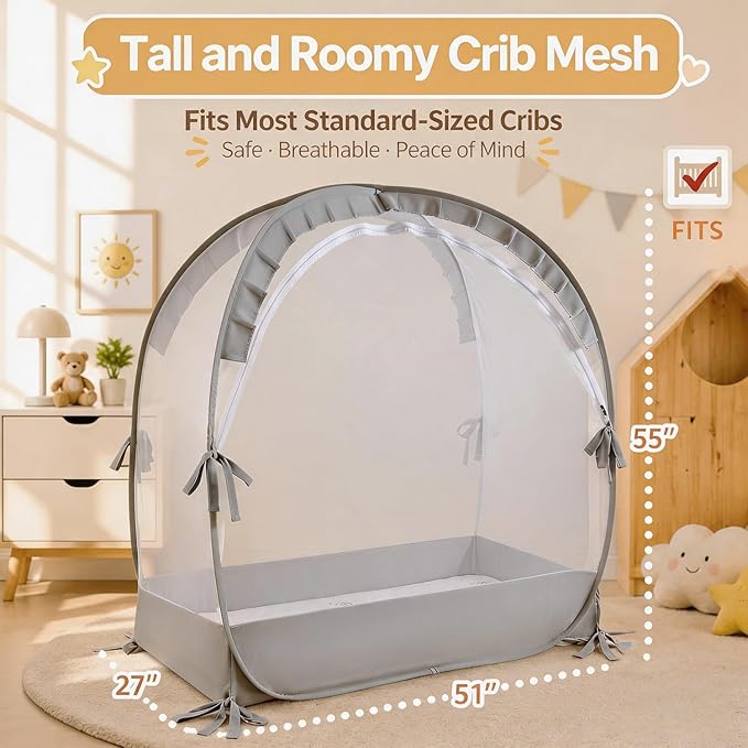 Lazyzzzz Crib Tent, Pop Up Mosquito Crib Net with Double Zipper Self-Locked,1200 Holes/Inch Mesh to Keep Baby from Climbing Out, Portable Easy Install Mosquito Net 55" L x 27" W x 51" H Grey