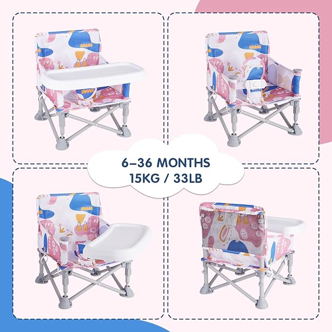 Portable Baby Chair, Folding Booster Seat with Tray for Dining Table Compact Camping Chair for Lawn Beach Travel Babies 6-36 Months