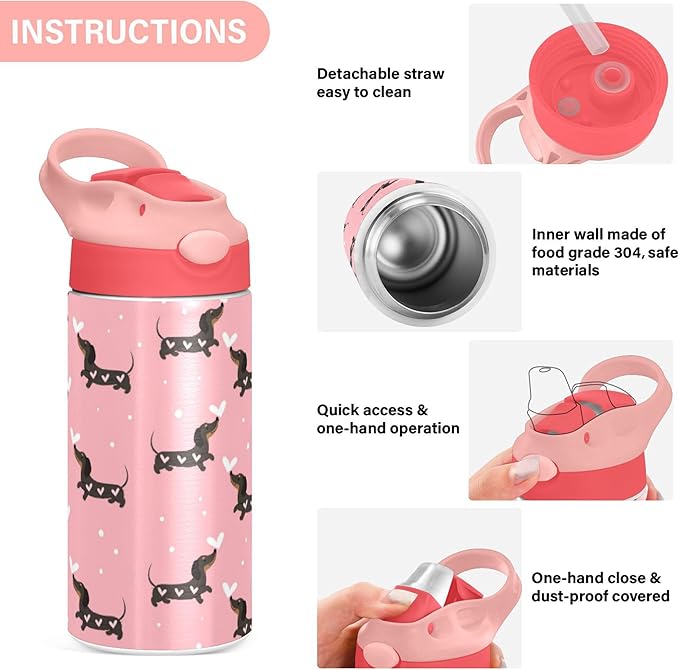 Pink Love Dachshund Dogs Kids Water Bottle with Straw and Carry Handle Cute Puppy Dog Vacuum Insulated Stainless Steel Bottles Leak-Proof for Boys Girls Toddler 12 oz Pink Lid