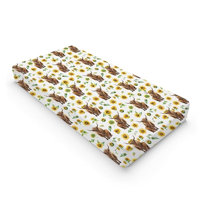 Highland Cow Sunflowers Leaves Baby Changing Pad Cover for Boy Girl 32''x16'' Highland Yak Boho Floral Fitted Diaper Change Table Sheets Farm Animal Comfort Soft Breathable Nursery Changing Table Mat