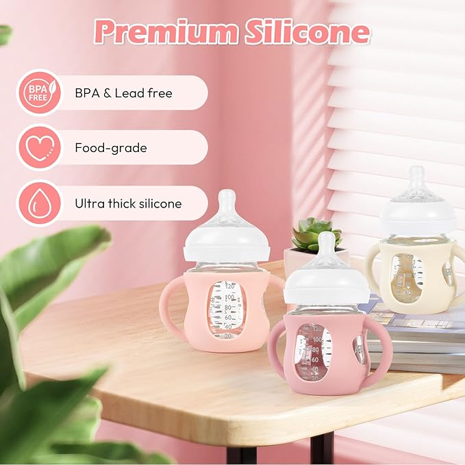 MINMUNJIU 3 Pack Silicone Sleeves for Philips Avent Natural Glass Baby Bottles, Anti Breakage Baby Bottle Holder with Handle for Baby Girls, Compatible Philips Avent Glass Natural Baby Bottle, 4oz