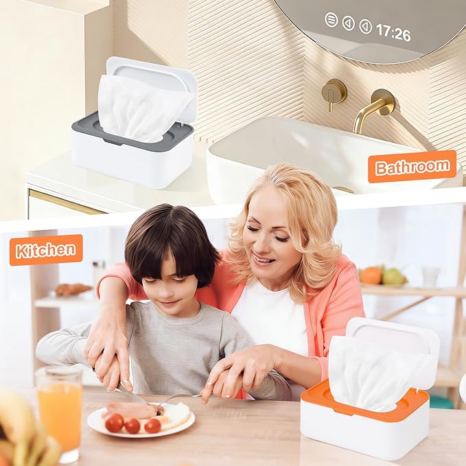 2Pcs Wipe Dispenser, Reusable Baby Wipe Holder Refillable Wipes Container, Easy Open & Close Wipes Pouch Case with Lid for Bathroom Baby Nursery Kitchen Office Travel (Orange/Gray)