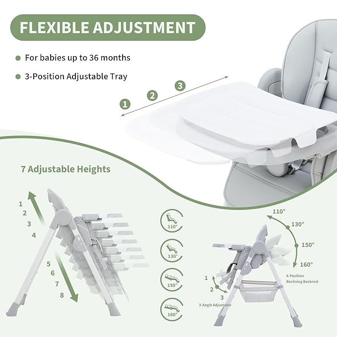 GarveeLife Foldable High Chair for Babies & Toddlers, PU Leather Highchair with Adjustable Backrest, Footrest, Seat Height, Removable Tray, 5-Point Safety Harness, Light Grey