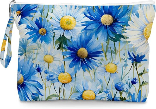 Fokongna Floral Print Wet Bag, Small Portable Waterproof Multi-Functional Organizer for Women, Blue Yellow Daisy, Ideal for Daily, Beach & Travel