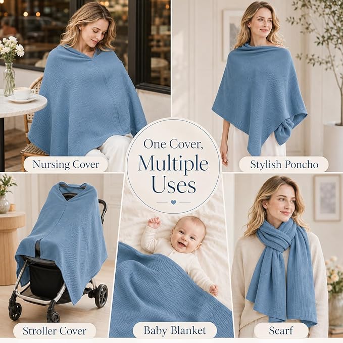 TADO MUSLIN 2-Pack Muslin Nursing Cover for Baby Breastfeeding, 100% Organic Cotton Breastfeeding Cover for Mom, Soft Breathable Privacy Nursing Apron, Multi-use Stroller Cover & Car Seat Canopy Blue