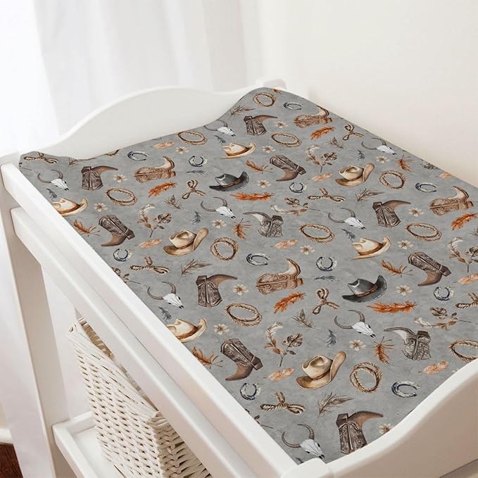 Cowboy Life Baby Changing Pad Covers for Boy Girl 32''x16'' Retro Cowboy Hats Boots Horse Cow Skull Fitted Diaper Change Table Mats Country Western Soft Breathable Nursery Cradle & Bassinet Sheets