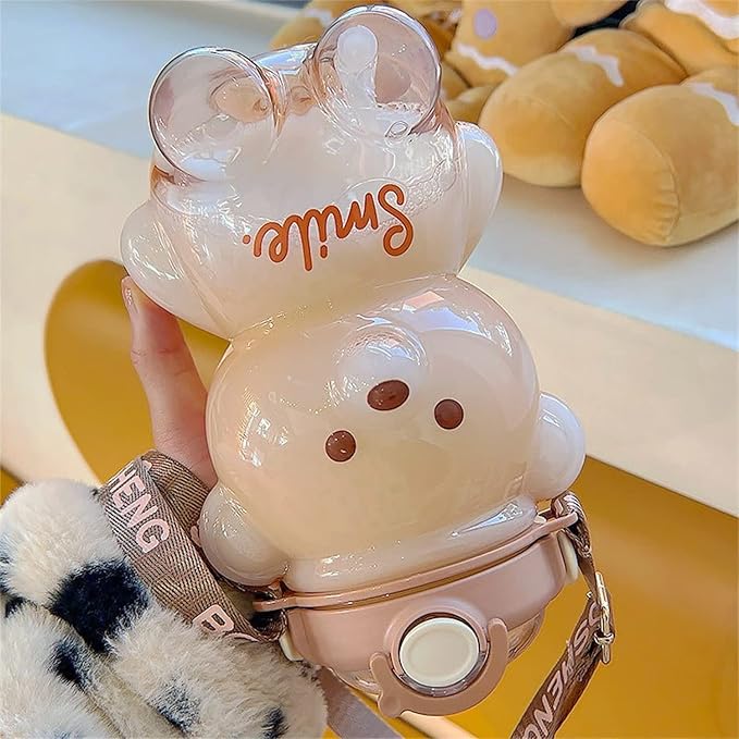 Kawaii Bear Straw Bottle, Cartoon Kids Water Bottle Bpa Free with Straw and Built in Carrying Loop, Adjustable & Removable Shoulder Strap, Made of Durable Plastic, Leak-Proof Design for Travel