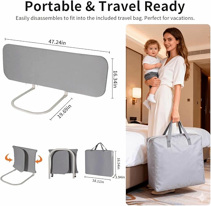 Travel Bed Rails for Toddlers with Motion Sensor Light, Foldable Toddler Bed Rail 48" Extra Long Safety Guard, Deep U-Shaped Base (No Straps Needed) for Twin, Full, Queen & King Mattresses