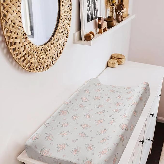 Owlowla Changing Pad Cover,Ultra Soft Cotton Changing Table Covers,Breathable&Durable Nursery Diaper Changing Pad Sheets for Baby Boys Girls(Gray Floral&Mermaid)