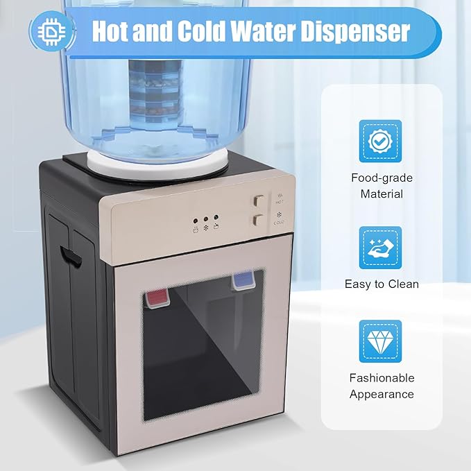 Top Loading Desktop Water Cooler Dispenser, 550W 110V Countertop Hot & Cold Water Coolers Drinking Fountain Portable Water Warmer for Home Bedroom Studio Office Grocery Store