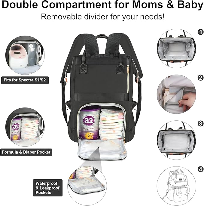 PIIOSER Diaper Bag Backpack with Ice Pack, Large Capacity & Waterproof Baby Travel Backpack Bag for Moms Dads, Insulated Baby Cooler Bag with Changing Pad, Stroller Straps & Pacifier Case, Black