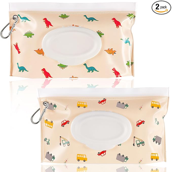 FEBSNOW 2 Pack Baby Wipes Dispenser, Portable Refillable Wipe Holder Baby Wipes Container Travel Wipes Case Reusable Wet Wipes Pouch (Dinosaur, Car)