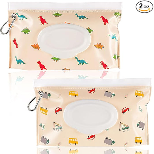 FEBSNOW 2 Pack Baby Wipes Dispenser, Portable Refillable Wipe Holder Baby Wipes Container Travel Wipes Case Reusable Wet Wipes Pouch (Dinosaur, Car)