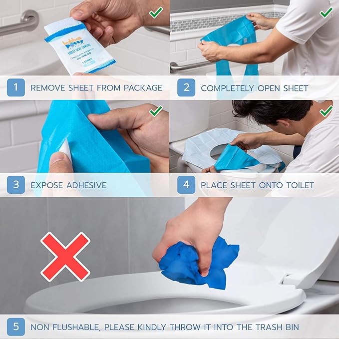 Toilet Seat Covers Disposable (Pack of 40) – Large Individually Wrapped & Liquid Absorbing for Travel in Kids & Adults Size– Adhesive Strips That Sticks to Ensure Toddlers Potty Training