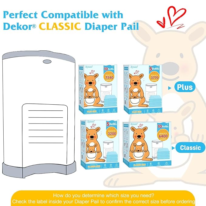 10 Pack Diaper Pail Refill Bags Compatible with Dekor Classic Diaper Pail, 40% Extra Length Refills Holds up to 6400 Diapers, Thickened Multi-layer Odor Control Diaper Bags (Baby Scent)