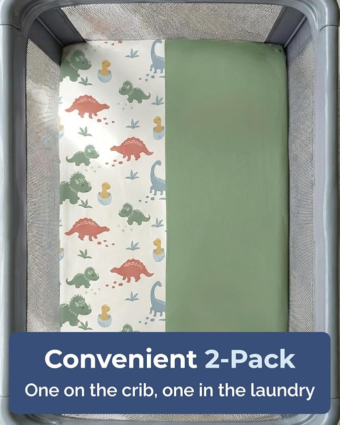 Pack and Play Sheets Fitted - 2 Pack Mini Crib Sheets for Pack N Play Mattress - Unisex Playard Microfiber Bedding for Boys & Girls - Soft, Breathable & Wrinkle Free - Oeko-Tex, 38 x 26in - Dino Land